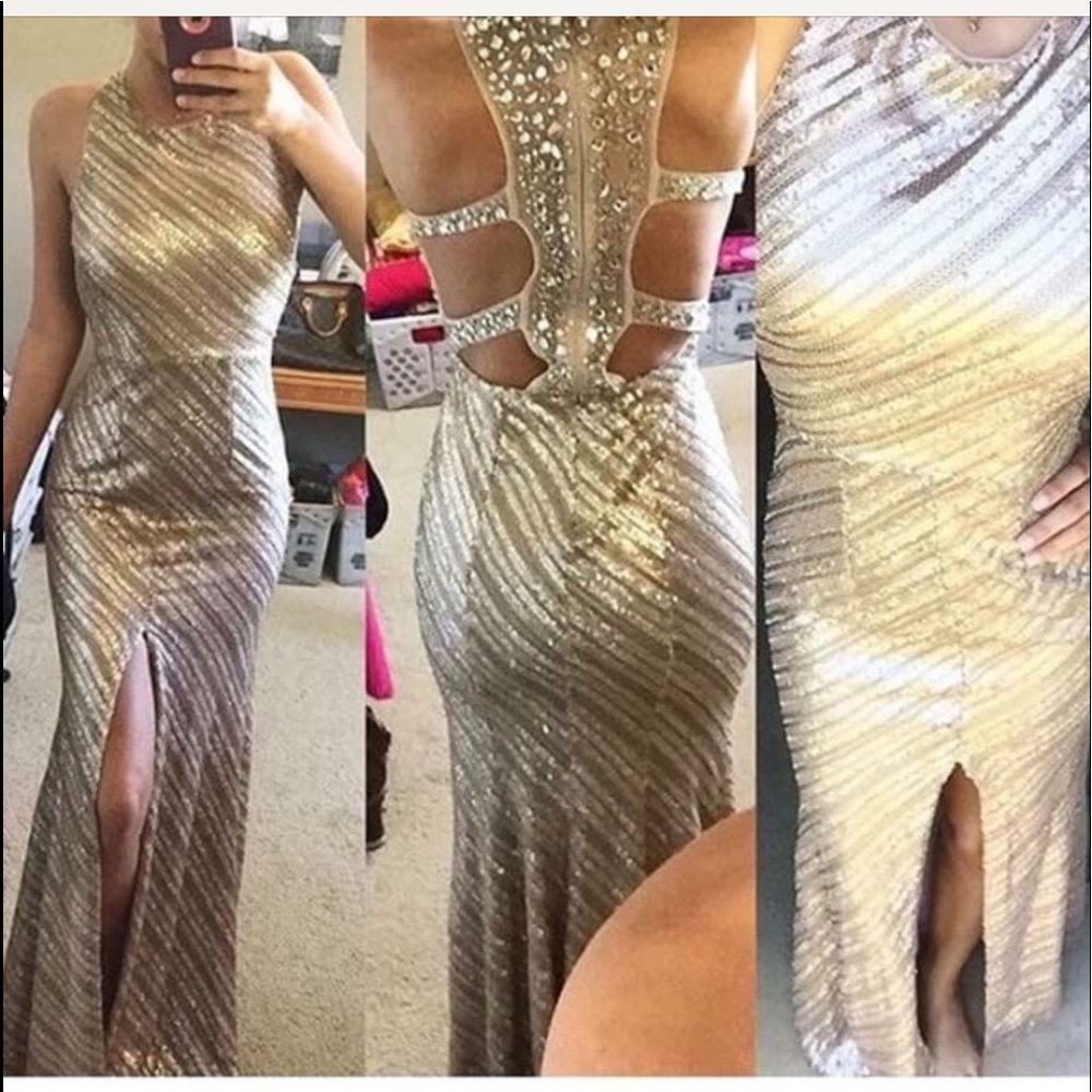 Pretty gold fitted prom or formal dress